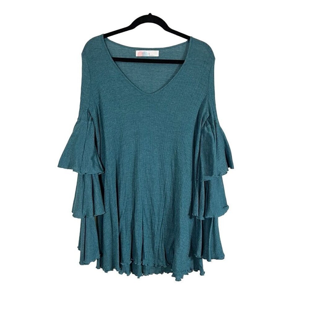 Free People Top Women XS Green Pullover Tiered Boho Peasant Hippie Cowgirl Retro